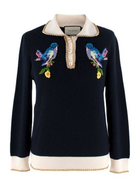 Gucci Navy Cashmere & Silk Knit Embroidered Detail Sweater
