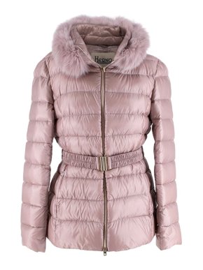 Herno Claudia Iconic Dust Pink Belted Down Jacket with Fox Fur Collar