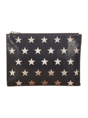 Saint Laurent Black & Silver Star Applique Leather Clutch Bag