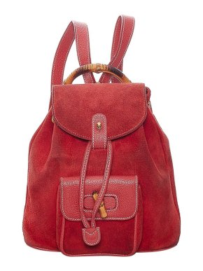 Gucci Vintage Red Suede Bamboo Handle Backpack