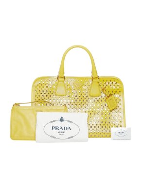 Prada Yellow Saffiano Leather Laser Cut Boston Bag