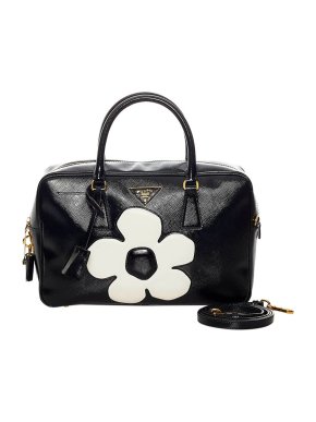 Prada Black Saffiano Flower Applique Boston Bag