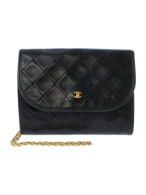 Chanel Vintage Quilted Caviar Leather Black Wallet On Chain