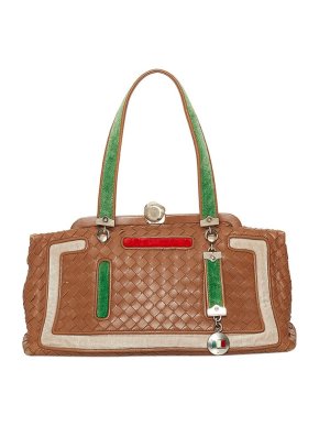 Bottega Veneta Vintage Tan & Green Leather Intrecciato Bag