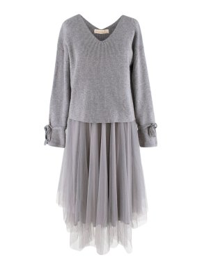 Grey Ribbed Knit & Tulle Skirt