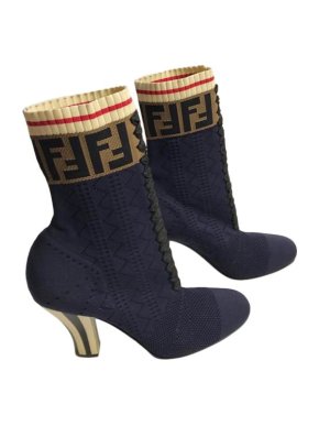 Fendi FF Navy Stretch Knit Lace-Up Heeled Booties