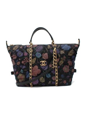 Chanel Printed Charcoal Canvas Quilted Tote Bag
