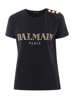 Balmain Black Cotton Jersey Crystal Logo 3 Button T-shirt