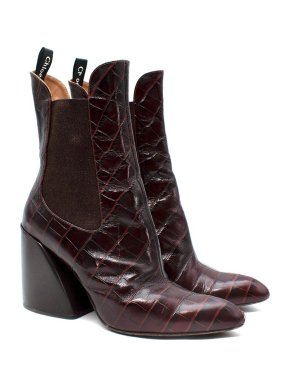 Chloe Burgundy Embossed Croc Leather Rylee Heeled Ankle Boots
