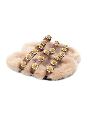 Fabrizio Viti Brown Leather Daisy Applique Shearling Lined Sandals