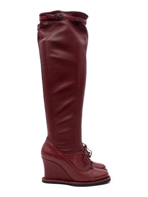 Bottega Veneta Burgundy Leather Intrecciato Lace-Up Long Heeled Boots