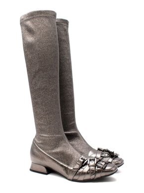 Bottega Veneta Dark Silver Metallic Buckled Stretch Leather Long Flat Boots