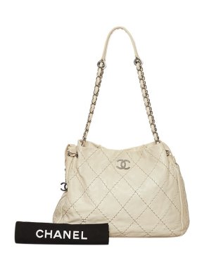 Chanel White Leather Quilted Wild Stitch Tote Bag