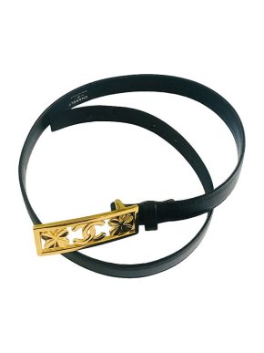 Chanel Vintage Gold-Tone Metal CC Buckle Black Leather Belt 80