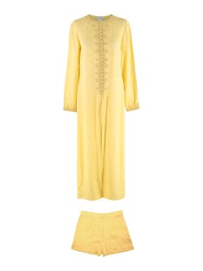 Yellow Silk Brocade Longline Jacket & Shorts