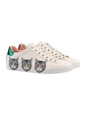 Gucci White Leather Cat Print Sneakers