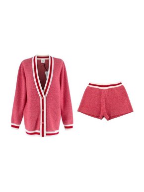 Madeleine Thompson Red  & White Knitted Crux Cardigan & Capricornus Shorts