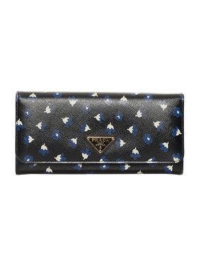 Prada Black Floral Saffiano Leather Long Waller