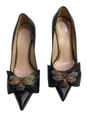 Gucci Black Leather Crystal Embellished Bee Heeled Pumps