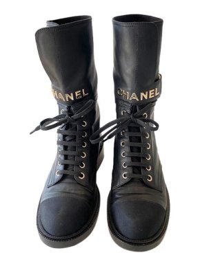 Chanel Black Leather Logo Combat Boots