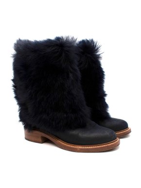 Chanel Dark Navy Shearling & Suede Flat Ankle Boots