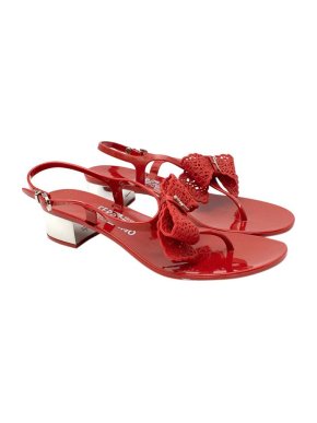 Salvatore Ferragamo Red Rubber Bow Block Heeled Sandals