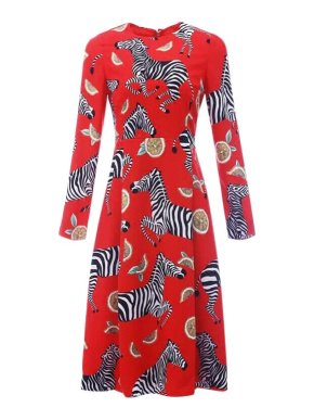 Dolce & Gabbana Lemon Zebra Print Red Silk Midi Dress