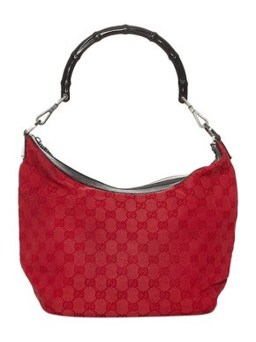 Gucci Vintage Red GG Monogram Canvas Bamboo Handle Bag