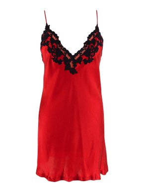 Red Silk-Satin Short Slip with Black Lace
