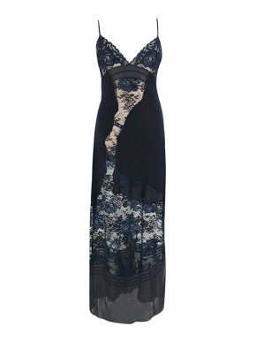 Black & Navy Silk-Satin Lace Trimmed Long Slip