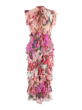 Pink Sheer Floral Print Tiered Ruffled Gown