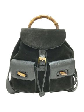 Gucci Vintage Black Suede Bamboo Backpack