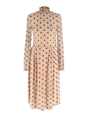 Fendi Nude-Beige Logo Embroidered Mesh Dress