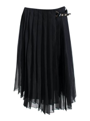 Fendi Black Silk Crepe Pleated Belted Skirt