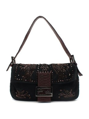 Fendi Vintage Black Suede Beaded Baguette Bag