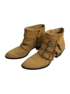 Chloe Tan Leather Studded Suzannah Heeled Ankle Boots