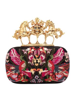 Alexander McQueen Black Silk Floral Embroidered Skull Knuckle Box Clutch