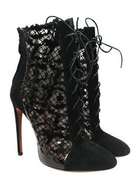 Alaia Black Baroque Filigree Suede Lace-Up Heeled Booties