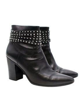 Saint Laurent Black Leather Studded Heeled Ankle Boots