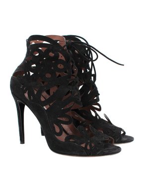Tabitha Simmons Black Suede Filigree Cut-Out Heeled Booties