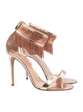 Gianvito Rossi Metallic Copper Leather Fringed Heeled Sandals