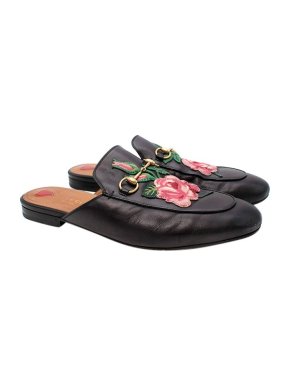 Gucci Black Rose Embroidered Leather Horsebit Jamie Loafers