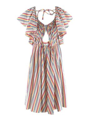 Rosie Assoulin Rainbow Striped Seersucker Flounce Summer Dress