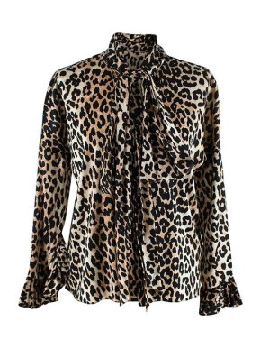 Ganni Leopard Print Satin Tie-Neck Blouse