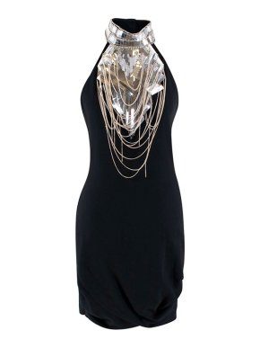 Balmain Black Crepe Sequin & Chain Embellished Micro Mini Dress