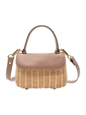 Taupe Leather & Rattan Bag