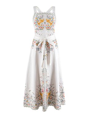 Zimmermann Floral Embroidered Ivory Linen Pinafore Dress