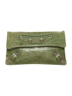 Balenciaga Khaki Cracleque Leather Motocross City Clutch Bag