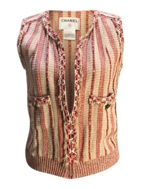 Chanel Red & Ivory Tweed Striped Gilet