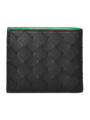 Bottega Veneta Black & Green Intrecciato Leather Bifold Wallet